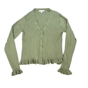Free Assembly women olive green V neck cardigan ruffle hem, cuffs. Size L office